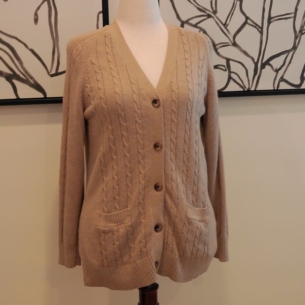 Lands End Beige V-Neck Cable-Knit Cardigan sz M